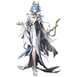  1girl ahoge anklet aqua_gem arknights armor asymmetrical_clothes belt belt_pouch black_dress black_sleeves blue_eyes blunt_bangs bright_pupils clementia_(arknights) detached_sleeves dress earrings finger_cots full_body game_asset gem gold_anklet grin hair_ornament hair_over_one_eye hairclip halter_dress halterneck high-low_dress high_heels highres jewelry kang_yiqian_(self_cultivation) looking_at_viewer manta_ray_girl medium_hair non-web_source official_art open-toe_shoes pauldrons pointy_ears pouch shawl shoes shoulder_armor simple_background single_earring single_pauldron smile solo standing sword tachi-e tail tassel transparent_background two-tone_dress vambraces weapon white_belt white_dress white_hair white_pupils white_shawl white_shoes 