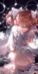 1girl absurdly_long_hair black_background bow chest_jewel chinese_commentary cleavage_cutout clothing_cutout commentary_request crystal_ball dress expressionless eyelashes full_body gem gloves hair_bow highres holding holding_orb kaname_madoka kneeling leaning_forward light_frown long_dress long_hair long_sidelocks long_sleeves mahou_shoujo_madoka_magica mahou_shoujo_madoka_magica_(anime) mumu5947 orb parted_lips pink_gem pink_hair pink_thighhighs print_dress reflective_floor sidelocks signature solo soul_gem_(madoka_magica) star_(symbol) starry_sky_print thighhighs three-quarter_sleeves two-sided_dress two-sided_fabric two_side_up ultimate_madoka unmoving_pattern very_long_hair white_bow white_dress white_gloves wide_sleeves yellow_eyes zettai_ryouiki