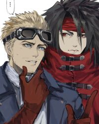  ... 2boys absurdres ascot black_hair blonde_hair blue_eyes blue_jacket brown_gloves cid_highwind cloak closed_mouth final_fantasy final_fantasy_vii final_fantasy_vii_rebirth final_fantasy_vii_remake gloves goggles goggles_on_head hair_between_eyes headband highres jacket long_hair looking_at_another male_focus multiple_boys ninyunyan open_clothes open_jacket parted_lips red_cloak red_eyes red_headband short_hair spoken_ellipsis upper_body vincent_valentine white_ascot 