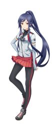  1girl aqua_gloves artist_request baseball_uniform black_pantyhose black_shoes blue_hair breasts cinderella_series closed_mouth elbow_gloves fingerless_gloves floating_hair gloves hachigatsu_no_cinderella_nine hair_tie hand_on_own_hip high_ponytail highres inui_kei_(hachigatsu_no_cinderella_nine) long_hair looking_at_viewer medium_breasts official_art pantyhose pleated_skirt ponytail red_eyes red_skirt shirt shirt_under_shirt shoes short_sleeves sidelocks skirt socks solo sportswear standing standing_on_one_leg striped_clothes striped_shirt tachi-e teiyou_baseball_uniform transparent_background v-shaped_eyebrows vertical-striped_clothes vertical-striped_shirt very_long_hair 