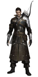  1boy ankle_boots armor arms_at_sides belt belt_buckle belt_pouch bird_ornament black_boots black_gloves black_hair black_jacket black_pants boots bow_(weapon) brown_belt buckle chainmail closed_mouth collared_shirt commentary concept_art cropped_jacket dongho_kang facial_hair full_body gloves jacket lips long_sleeves looking_at_viewer male_focus nose original pants partially_fingerless_gloves pauldrons plate_armor pouch quiver rerebrace scar scar_on_face shirt short_hair shoulder_armor simple_background single_pauldron solo standing stubble third-party_source very_short_hair weapon weapon_on_back white_background white_shirt 