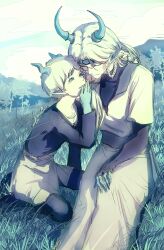 1boy 1girl absurdres age_difference aged_down asymmetrical_horns black_corset black_gloves black_pants black_shirt blue_eyes blue_headband blue_horns blue_skin blue_sky braid braided_hair_rings brother_and_sister child chinese_commentary clip_studio_paint_(medium) closed_eyes closed_mouth clothes_around_waist clouds collared_tunic colored_extremities colored_skin commentary_request contrast_collar corset day dragon_boy dragon_girl dragon_horns elbow_gloves family_bonding feet_out_of_frame fingerless_gloves fingernails gloves grass grin hair_over_shoulder hair_rings hair_tubes hand_on_own_chin hand_on_own_knee happy headband heads_together highres hill horns infinity_nikki jacket jacket_around_waist jewelry kneeling lairifangzhang532 leaning_forward long_hair looking_at_another low_ponytail medael_(infinity_nikki) meghill_(infinity_nikki) monocle mountainous_horizon necklace nikki_(series) on_ground outdoors pants parksolian_(infinity_nikki) pointy_ears pointy_nose ponytail round_eyewear sharp_fingernails shirt short_sleeves siblings single_hair_tube sitting sky smile tree tunic turtleneck turtleneck_shirt white_hair white_jacket white_tunic 