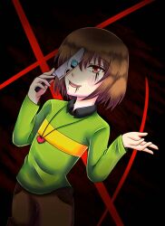  1boy 1other 2017 2d ambiguous_gender aqua_eyes brown_hair brown_shorts chara_(undertale) dark_background digital_media dutch_angle flaming_eye glowing glowing_eye green_sweater hands_up heart_necklace highres holding holding_knife holding_weapon hollow_eyes horizontal-striped_clothes human humanoid jewelry knife long_sleeves male monster monster_boy muigee necklace other_focus red_background red_eyes reflection sans_(undertale) short_hair shorts single_horizontal_stripe skeleton solo_focus striped_clothes striped_sweater sweater teeth tsurime two-tone_sweater undead undertale utdr_(toby_fox) weapon yellow_stripes 