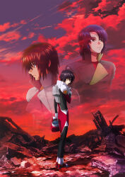  3boys athrun_zala black_hair blue_hair brown_hair closed_mouth green_eyes gundam gundam_seed gundam_seed_freedom_zero helmet highres holding holding_unworn_helmet kira_yamato mecha_pilot_suit military military_uniform multiple_boys normal_suit_(gundam) official_art red_eyes science_fiction shinn_asuka shirt short_hair sunset textless_version unworn_headwear unworn_helmet violet_eyes zaft_(gundam) 