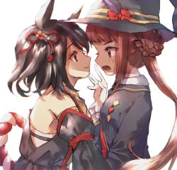  2girls ahoge animal_ears black_hair black_necktie braid braided_hair_rings breasts brown_hair chanchanko_(clothes) cloak closed_mouth collared_shirt gloves hair_between_eyes hair_rings hat hat_with_ears highres horse_ears horse_girl kitasan_black_(gilded_shrine_to_glory)_(umamusume) kitasan_black_(umamusume) long_hair looking_at_another multicolored_hair multiple_girls necktie open_cloak open_clothes open_mouth red_eyes red_sweater_vest robe rope senao_978 shimenawa shirt short_hair simple_background smile streaked_hair sweater_vest sweep_tosho_(platanus_witch)_(umamusume) sweep_tosho_(umamusume) twintails umamusume violet_eyes white_background white_gloves white_hair white_shirt white_streaks witch_hat 