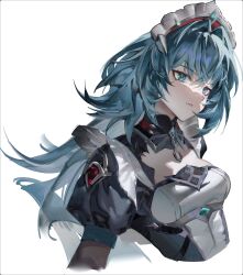  absurdres aqua_dress aqua_eyes aqua_gem aqua_sleeves aqua_streaks breasts commentary danica_(genshin_impact) dress drill_hair drill_ponytail drill_sidelocks frilled_headwear gem genshin_impact highres juliet_sleeves long_hair long_sleeves maid maid_headdress mm19_mumu multicolored_hair puffy_sleeves sidelocks simple_background streaked_hair white_headdress 