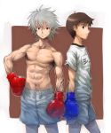  abs black_eyes boxing_gloves boyaking brown_hair clothes_writing grey_hair gym_uniform ikari_shinji male multiple_boys muscle nagisa_kaworu navel neon_genesis_evangelion red_eyes shirtless shorts smile t-shirt 