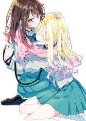  2girls :p ;p arm_around_another's_waist blonde_hair blue_eyes blue_skirt brown_eyes brown_hair colored_tips full_body hand_on_another's_head highres hug kurasu_no_hime_wa_watashi_no_wanko long_hair long_sleeves looking_at_viewer matching_outfits multicolored_hair multiple_girls nabana_kurumi one_eye_closed pink_hair sakuragi_ren second-party_source seiza shirt sitting skirt socks sorahashi_sera straight_hair tongue tongue_out wavy_hair white_shirt white_socks 