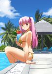  bad_id bikini breasts drink flower hair_bobbles hair_ornament long_hair original palm_tree pink_hair pool poolside red_eyes sideboob sipping sitting solo swimsuit tree twintails 