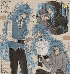  1boy absurdres anajudraws ascot blue_hair blue_vest brown_background cat commentary_request creature fiery_hair grey_hoodie grim_(twisted_wonderland) handheld_game_console highres holding holding_handheld_game_console holding_tablet_pc hood hoodie idia_shroud long_hair male_focus multiple_views night_raven_college_ceremonial_robes night_raven_college_school_uniform school_uniform sharp_teeth shirt tablet_pc teeth twisted_wonderland very_long_hair vest white_ascot white_shirt yellow_eyes 