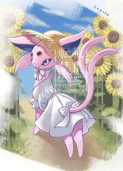  animal_focus border bow closed_mouth clothed_pokemon commentary_request dress espeon field flower flower_field forehead_jewel forked_tail full_body gem hat highres kagure_(karaguren) looking_at_viewer no_humans outdoors pokemon pokemon_(creature) pokemon_focus purple_fur red_gem simple_background smile solo standing sun_hat sunflower sunflower_field tail violet_eyes white_border white_bow white_dress 