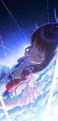  1girl absurdres black_hair closed_eyes columbina_(genshin_impact) commentary domi_(hongsung0819) eye_mask field flower flower_field genshin_impact highres long_hair mask multicolored_hair see-through_clothes see-through_mask solo two-tone_hair 