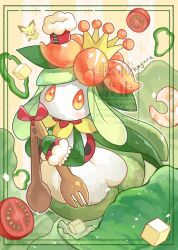  1girl apron bell_pepper chef_hat clothed_pokemon colored_skin commentary_request crown flower full_body green_bell_pepper green_hair green_skin hair_flower hair_ornament hat highres kagure_(karaguren) lilligant long_hair looking_at_viewer mini_chef_hat mini_hat monster_girl multicolored_skin no_mouth orange_eyes orange_flower pichu plant_girl plant_hair pokemon pokemon_(creature) salad simple_background solo solo_focus standing tomato tomato_slice two-tone_skin white_apron white_skin wrist_cuffs yellow_background yellow_crown 