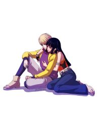  1boy 1girl armband armlet bad_link bad_twitter_link belt black_gloves blonde_hair blue_eyes blue_hair blue_pants boots boruto:_naruto_next_generations boruto:_two_blue_vortex boruto_(series) bracelet bumblebee3607 couple crop_top cuddling denim facial_mark fingerless_gloves flat_chest from_behind gloves grey_pants grey_shorts highres hood hoodie hug jeans jewelry kneeling light_smile lips lipstick long_hair makeup messy_hair naruto_(series) open-toe_boots open-toe_shoes pale_skin pants petite purple_hoodie shoes shorts silver_armlet sitting smile tank_top toes uzumaki_himawari whisker_markings white_background white_boots white_shoes yamanaka_inojin yellow_tank_top 