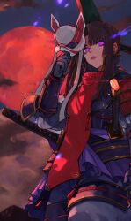  1girl armor black_hair character_request commentary copyright_request full_moon glowing glowing_eyes highres holding holding_mask japanese_armor katana long_hair looking_at_viewer mask moon neko_no_kedama parted_lips red_moon samurai sheath sheathed sword violet_eyes weapon 