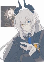  1girl badge black_coat black_horns braid closed_mouth coat commentary fur_trim game_screenshot_inset grey_hair hair_between_eyes hand_up heterochromia highres horns ki_ii37 long_hair long_sidelocks looking_at_viewer mechanical_horns screenshot_inset side_braid sidelocks sparkling_eyes sunbringer_(original)_(zenless_zone_zero) upper_body white_background white_hair zenless_zone_zero 