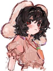  1girl animal_ears b_nosk101 black_hair blush carrot_necklace closed_mouth floppy_ears highres jewelry necklace rabbit_ears red_eyes reisen_udongein_inaba short_hair short_sleeves simple_background solo touhou upper_body white_background 