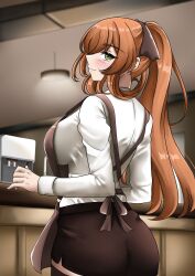  1girl absurdres air_duct andro_xg apron breasts brown_apron brown_hair brown_skirt ceiling_light closed_mouth coffee_maker commentary cowboy_shot from_behind girls'_frontline_2:_exilium girls_frontline green_eyes hair_between_eyes hair_rings high_ponytail highres indoors large_breasts light_blush light_smile long_hair long_sidelocks long_sleeves looking_at_viewer miniskirt pencil_skirt ponytail shirt side_up_ring sidelocks skirt smile solo springfield_(girls'_frontline) turning_head white_shirt 