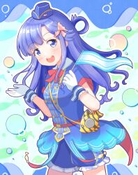  1girl animal_bag asari_nanami belt blue_eyes blue_hair blue_hat blue_jacket blue_shorts bow commentary cowboy_shot fish_bag fish_hair_ornament flag gloves hair_ornament hair_rings hands_up hat highres holding holding_flag idolmaster idolmaster_cinderella_girls jacket long_hair mini_hat mouchi_(mouchimochi) open_mouth puffy_shorts red_belt red_bow short_sleeves shorts single_hair_ring smile solo teeth upper_teeth_only white_gloves 