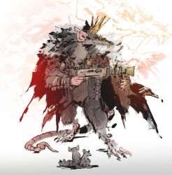  1boy animal_ears buck_teeth cape closed_mouth commentary crown deadlock_(game) english_commentary fangs fangs_out full_body furry furry_male gun highres holding holding_gun holding_weapon looking_to_the_side male_focus mouse_(animal) mouse_boy mouse_ears mouse_tail parody profile rat_king_(deadlock) red_cape shinkawa_youji_(style) sirspacedragon style_parody tail teeth torn_cape torn_clothes weapon whiskers 