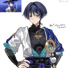  1boy anemo_symbol_(genshin_impact) aqua_gem armor belt black_belt black_bodysuit black_bow black_eyes black_hair blue_cape blue_kimono blue_sleeves blunt_ends blush bodysuit bow bridal_gauntlets cape closed_mouth commentary covered_collarbone english_text eyeliner feathers game_screenshot_inset gem genshin_impact gold gold_ring grey_bridal_gauntlets hands_on_own_hips japanese_armor japanese_clothes juban kimono kote kurokote layered_sleeves looking_at_viewer lower_eyelashes_only makeup male_focus mandarin_collar middle_ring open_clothes open_kimono pom_pom_(clothes) purple_rope purple_sash red_eyeliner reference_inset rope sash scaramouche_(genshin_impact) screenshot_inset short_sleeves shoulder_peek side_cape solo tartpie13 tsurime twitter_username upper_body wanderer_(genshin_impact) white_background white_kimono white_sleeves white_trim wolf_cut yellow_feathers 