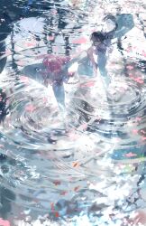  2girls ^_^ absurdres akemi_homura akemi_homura_(haregi_ver.) back_bow black_hair black_hairband blue_sky blush_stickers bow braid brown_sandals cherry_blossom_print chinese_commentary clenched_hand closed_eyes clouds commentary_request day fish floral_print full_body goldfish hair_between_eyes hair_bow hair_ribbon hairband happy highres holding_hands japanese_clothes kaname_madoka kaname_madoka_(haregi_ver.) kimono lake large_bow long_sleeves looking_at_another low_twin_braids magia_record:_mahou_shoujo_madoka_magica_gaiden mahou_shoujo_madoka_magica multiple_girls mumu5947 obi official_alternate_costume okobo open_mouth outdoors outstretched_arm petals pink_bow pink_hair pink_kimono pink_sash platform_sandals power_lines print_kimono purple_bow purple_kimono purple_sash reflection reflective_liquid ribbon ripples running running_on_liquid sandals sash school_of_fish shide short_hair short_twintails sky sleeves_past_fingers sleeves_past_wrists smile socks spring_(season) surprised tabi twin_braids twintails violet_eyes water white_ribbon white_socks wide_sleeves 