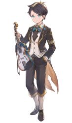  1boy aqua_bow aqua_bowtie aqua_eyes belt black_belt black_coat black_hair black_shoes black_shorts bow bowtie coat collared_shirt frown full_body game_asset gold_trim hand_in_pocket hand_up holding holding_instrument holding_violin instrument long_sleeves looking_at_viewer male_focus official_art open_clothes open_coat pagani_(tate_no_yuusha_no_nariagari_rise) parted_bangs shirt shoes short_hair shorts simple_background solo standing tate_no_yuusha_no_nariagari tate_no_yuusha_no_nariagari_rise transparent_background v-shaped_eyebrows violin white_shirt 