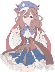  1girl animal_ears belt_bag blue_bow blue_hat blush bow breasts brown_hair center_frills closed_mouth clothing_cutout corset ears_through_headwear frills hair_ornament hairclip hat highres horse_ears horse_girl looking_at_viewer matikanetannhauser_(clippety-tippety-clop)_(umamusume) matikanetannhauser_(umamusume) medium_hair multicolored_hair newsboy_cap parallel_hairclips red_corset senao_978 shirt shoulder_cutout simple_background skirt solo streaked_hair tilted_headwear umamusume white_background white_shirt white_skirt yellow_eyes 