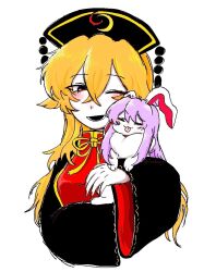  1girl :3 =_= animal animal_with_hair artist_name black_dress black_hat blonde_hair blush blush_stickers closed_eyes closed_mouth commentary_request crescent_print cropped_torso crossed_bangs dot_nose dress hair_between_eyes hat holding holding_animal junko_(touhou) junkoogii long_hair long_sleeves looking_at_animal lower_teeth_only nail_polish neck_ribbon one_eye_closed pale_skin pom_pom_(clothes) purple_hair rabbit red_eyes red_nails red_tabard reisen_udongein_inaba reisen_udongein_inaba_(bunny) ribbon simple_background smile solo tabard teeth tongue tongue_out touhou twitter_username upper_body v-shaped_eyebrows very_long_hair white_background wide_sleeves yellow_ribbon 