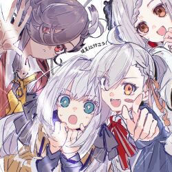  1boy 3girls ahoge alternate_costume ascalaphus_(fate) black_jacket blush_stickers bow braid braided_bangs collared_shirt dark-skinned_male dark_skin fate/grand_order fate_(series) gray_(fate) gray_lily_(fate) green_eyes hair_bow hair_over_one_eye hair_ribbon highres jacket long_sleeves low_twintails mero_(merope_hika) multiple_girls necktie olga_marie_animusphere open_mouth orange_eyes orange_jacket orange_ribbon perseus_(fate) pointing ponytail red_vest ribbon sharp_teeth shirt single_blush_sticker sparkling_eyes teeth temporal_hairline twintails vest white_hair white_shirt yellow_necktie 