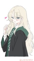  1girl black_robe blonde_hair blue_eyes blush cardigan closed_mouth commentary curtained_hair eyelashes fang genderswap genderswap_(mtf) green_hood green_necktie hair_lift hair_over_shoulder harry_potter_(series) heart highres hogwarts_school_uniform hood hood_down long_hair looking_at_viewer malfoid necktie raised_eyebrow robe school_uniform shirt simple_background slytherin solo striped_clothes striped_necktie twitter_username upper_body vnfansama white_background white_shirt wide_sleeves wizarding_world 