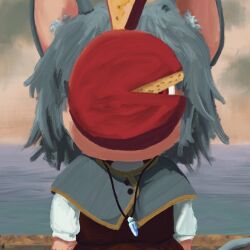  1girl animal_ears black_vest capelet cheese cheese_wheel commentary efne english_commentary fine_art_parody floating_food food grey_capelet grey_hair jewelry long_sleeves mouse_ears mouse_girl nazrin necklace parody pendant shirt short_hair solo the_son_of_man_(magritte) touhou upper_body vest white_shirt 