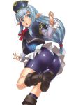  :o ass astroguy2 bike_shorts blue_hair blue_legwear boots bow elf elvaan final_fantasy final_fantasy_xi hat kneehighs latex long_hair looking_at_viewer looking_back open_mouth pointy_ears prishe simple_background solo upskirt white_background 