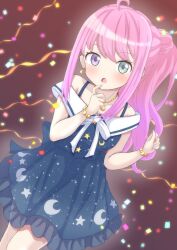  1girl a5hio absurdres ahoge back_bow bare_shoulders blue_dress bow bracelet crescent crescent_earrings crescent_necklace dress earrings finger_to_own_chin frilled_dress frills gold_bracelet gold_necklace gradient_clothes gradient_dress green_eyes heterochromia highres himemori_luna himemori_luna_(sundress) hololive jewelry long_hair necklace off-shoulder_dress off_shoulder open_mouth pink_hair ponytail print_dress short_dress sleeveless sleeveless_dress solo starry_sky_print swept_bangs violet_eyes virtual_youtuber 