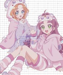  2girls ahoge akechi_anna_(civilian) animal_costume animal_ears animal_hood aqua_eyes blush commentary_request eye_mask feet_out_of_frame forehead frilled_sleeves frills green_eyes grid_background hair_intakes highres hood hood_up interlocked_fingers ki_k2ki kobayashi_mikuru_(civilian) long_hair long_sleeves looking_at_viewer mask meitantei_precure! multiple_girls open_mouth orange_hair palms parted_bangs pink_socks precure purple_hair short_hair shorts sitting smile socks striped_clothes teeth upper_teeth_only watermark white_background 