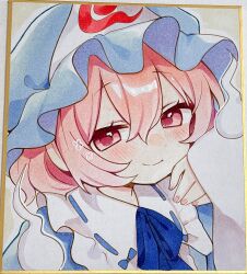  1girl blue_hat blue_ribbon closed_mouth commentary hair_between_eyes hat highres hitodama long_sleeves looking_at_viewer mob_cap moni_monico neck_ribbon pink_eyes pink_hair portrait ribbon saigyouji_yuyuko shikishi short_hair smile solo touhou traditional_media triangular_headpiece untranslatable_commentary 
