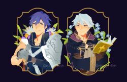  2boys armor artist_name black_cloak book brown_gloves cape chrom_(fire_emblem) cloak closed_mouth d4ggerfish english_commentary falchion_(fire_emblem) fire_emblem fire_emblem_awakening flower gloves holding holding_book holding_sword holding_weapon hood hood_down hooded_cloak looking_at_another male_focus male_robin_(fire_emblem) multiple_boys open_book pauldrons planted planted_sword shoulder_armor single_pauldron single_sleeve smile sword twitter_username upper_body weapon white_cape 