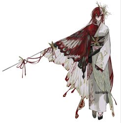  1girl bug butterfly butterfly_print_kimono full_body geta hair_between_eyes hair_ornament highres holding holding_sword holding_weapon japanese_clothes jewelry kimono long_hair looking_at_viewer necklace obi obijime original pearl_necklace red_eyes red_hair sash simple_background standing sword tabi usnorway_goa very_long_hair weapon white_background wing-shaped_sleeves 