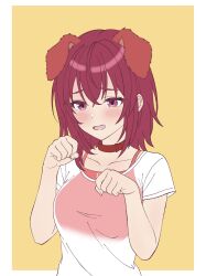  1girl absurdres animal_ears blush border collar commentary_request crossed_bangs dog_ears embarrassed gionji_yukine highres mayaayu0214 medium_hair open_mouth outside_border paw_pose red_collar red_eyes red_hair red_sports_bra see-through_clothes see-through_shirt shine_post shirt short_sleeves solo sports_bra sports_bra_visible_through_clothes upper_body white_border white_shirt 
