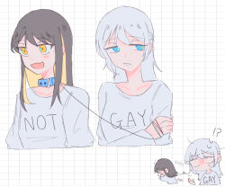  2girls allnemui20 bang_dream! bang_dream!_our_notes black_hair blonde_hair blue_eyes closed_mouth colored_inner_hair commentary fang highres holding holding_leash leash long_hair mahashi_miku matching_outfits multicolored_hair multiple_girls shirt skin_fang suga_raika white_hair white_shirt yuri 