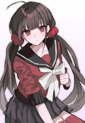  1girl ahoge black_hair black_sailor_collar black_skirt blush closed_mouth commentary_request danganronpa_(series) danganronpa_v3:_killing_harmony grey_background harukawa_maki highres long_hair looking_at_viewer orponzu pleated_skirt red_eyes red_shirt red_thighhighs sailor_collar shirt simple_background sitting skirt solo thigh-highs twintails very_long_hair 