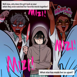  1boy 2girls 2others alien_stage anakt_arts_high_school_uniform_(fading_youth) arms_up black_hair blank_eyes brown_hair cheering commentary contrast_collar crossed_arms dark-skinned_female dark_skin english_commentary grey_hair grey_hoodie highres holding holding_sign hood hood_up hoodie hyuna_(alien_stage) hyuna_(zombie_stage) long_hair multiple_girls multiple_others official_art ponytail school_uniform shirt short_hair sign star-shaped_eyewear star_(symbol) sua_(alien_stage) sua_(zombie_stage) sunglasses till_(alien_stage) till_(zombie_stage) very_short_hair white_shirt zombie_stage 