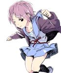  cardigan nagato_yuki purple_hair school_uniform short_hair solo suzumiya_haruhi_no_yuuutsu wink 