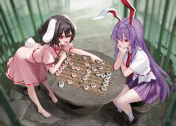  2girls animal_ears barefoot brown_hair brown_shoes carrot_necklace chunjiu closed_mouth collared_shirt commentary dress floppy_ears inaba_tewi jewelry loafers long_hair multiple_girls necklace necktie open_mouth outdoors pendant pink_dress playing_games pleated_skirt purple_hair purple_skirt rabbit_ears rabbit_girl rabbit_tail red_eyes red_necktie reisen_udongein_inaba revision ribbon-trimmed_dress ribbon_trim shirt shoes short_sleeves sitting skirt smile socks table tail thinking toes touhou very_long_hair white_shirt white_socks xiangqi 