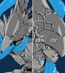  1boy 1girl armor artist_name beak bird bird_boy bird_wings blue_background blue_scarf blue_tunic champion's_tunic_(zelda) collar english_commentary english_text feathered_wings feathers fins fish fish_girl hair_ornament head_fins head_tail jewelry lipstick makeup mipha monochrome monster_boy monster_girl ponytail revali rito scarf shoulder_armor simple_background tail tak_(karasuki) the_legend_of_zelda the_legend_of_zelda:_breath_of_the_wild tunic wings 