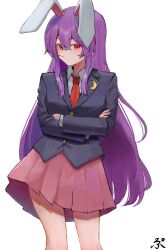 1girl animal_ears black_jacket blazer blush closed_mouth collared_shirt commentary_request crossed_arms highres jacket long_hair long_sleeves necktie pink_skirt pleated_skirt purple_hair rabbit_ears rabbit_girl red_eyes red_necktie reisen_udongein_inaba ropu_1 shirt simple_background skirt solo touhou very_long_hair white_background white_shirt 