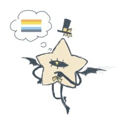  1boy alcor_the_dreambender black_sclera bow bowtie colored_sclera fezharez flag_request floating_hat full_body hat lgbt_pride low_wings male_focus mini_hat mini_top_hat pride_month solo speech_bubble thought_bubble top_hat transcendence_au_(gravity_falls) wings yellow_eyes 