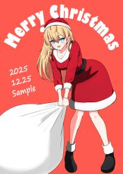  1girl 2025 absurdres ankle_boots aqua_eyes belt black_belt black_boots blonde_hair boots bracelet braid commentary_request dated dress earrings fur-trimmed_dress fur-trimmed_headwear fur_trim green_hair hair_between_eyes hat highres holding holding_sack jewelry leaning_forward long_hair merry_christmas multicolored_hair necklace open_mouth red_dress red_hat sack sample341114 santa_costume santa_hat shine_post single_braided_sidelock solo teeth totsuka_nanami two-tone_hair upper_teeth_only 