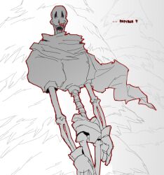  1boy 2026 2d armor bugsoupart character_name commentary cowboy_shot digital_media english_commentary gloves highres hip_bones hollow_eyes horror_(theme) humanoid male male_focus male_only monster monster_boy outdoors outline papyrus_(undertale) pine_tree print_armor red_outline scarf shorts simple_background skeleton solo spine stains teeth text tree undead undertale utdr_(toby_fox) white_background 
