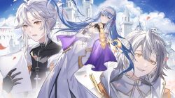  1girl 2boys absurdres alchemy_stars black_shirt blue_hair cangxxx chinese_commentary cloak clouds commentary_request dress flower gauntlets gloves grey_eyes hair_flower hair_ornament highres holding holding_paper jacket leyn_(alchemy_stars) long_dress long_hair mask mask_on_head matthieu_(alchemy_stars) mechanical_arms multiple_boys open_mouth paper petals ponytail projected_inset purple_cloak purple_flower sharp_teeth shirt short_hair sleep_mask smile teeth tina_(alchemy_stars) two-sided_fabric very_long_hair white_cloak white_dress white_gloves white_hair white_jacket white_shirt yellow_eyes 
